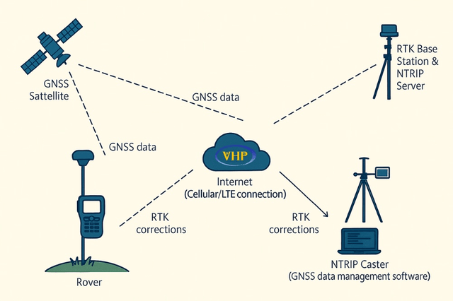 Mô hình minh họa công nghệ đo đạc GNSS RTK với Base và Rover